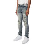 Rip And Repaired Color Denim Jeans - Blue Opal