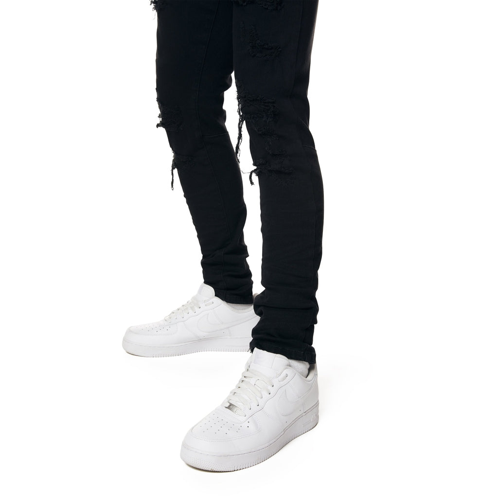 Smoke Rise Slim Tapered Rip & Repaired Colored Jeans - Black