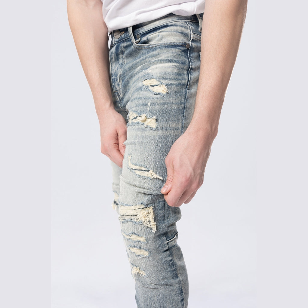 Smoke Rise Slim Tapered Rip & Repaired Colored Jeans - Chester Blue