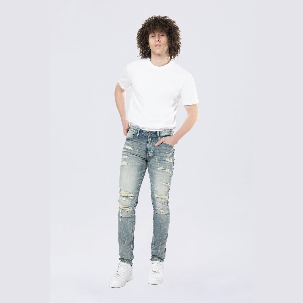 Smoke Rise Slim Tapered Rip & Repaired Colored Jeans - Chester Blue