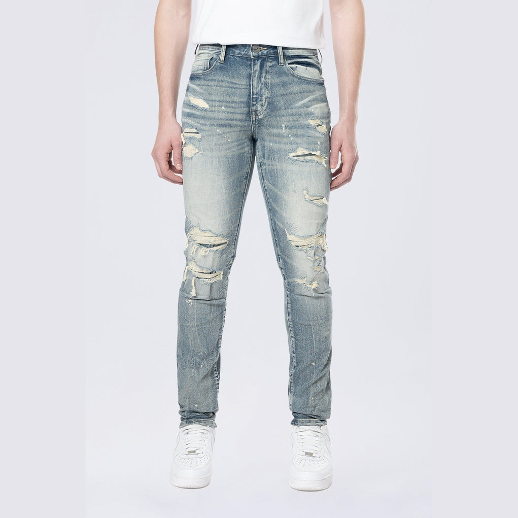 Smoke Rise Slim Tapered Rip & Repaired Colored Jeans - Chester Blue