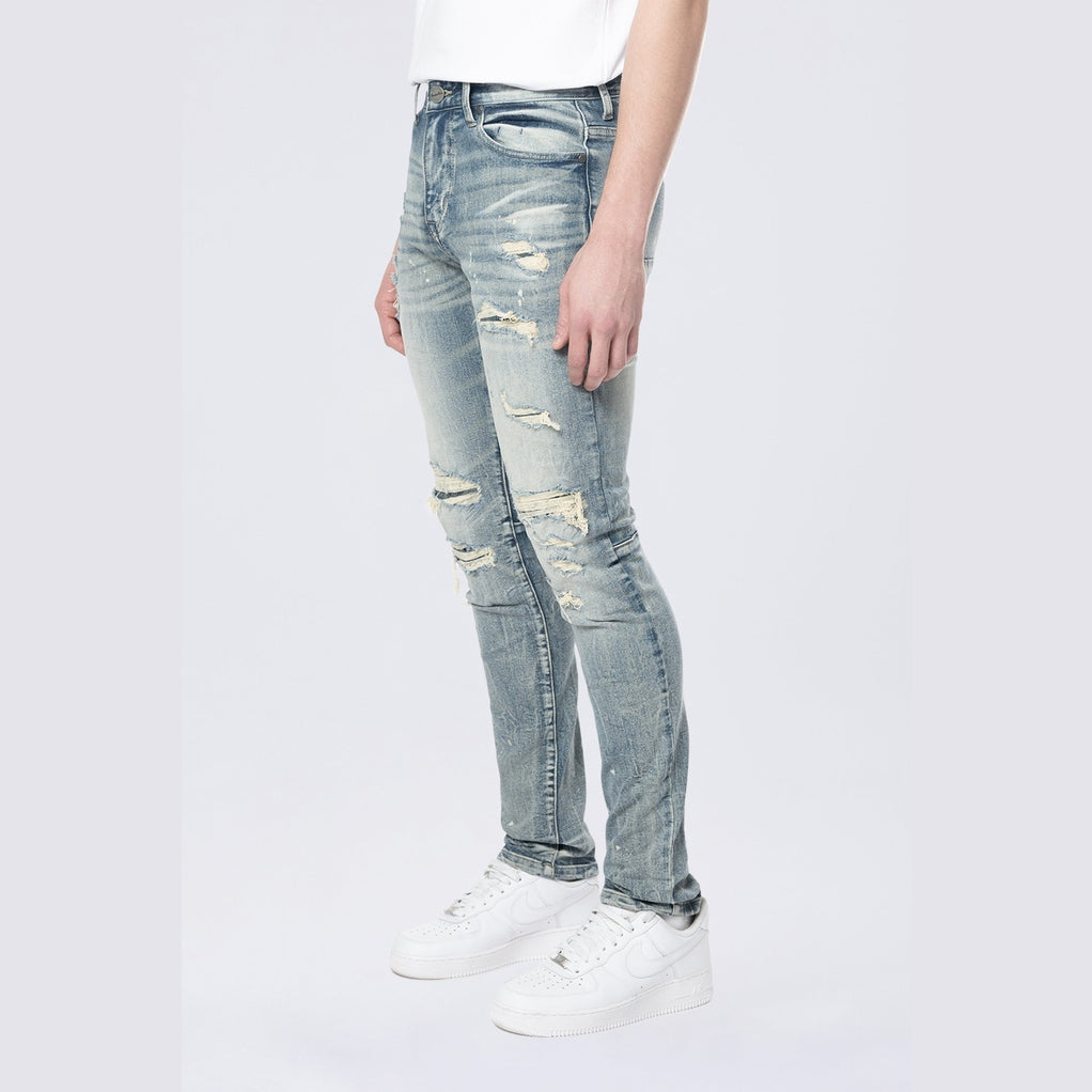 Smoke Rise Slim Tapered Rip & Repaired Colored Jeans - Chester Blue