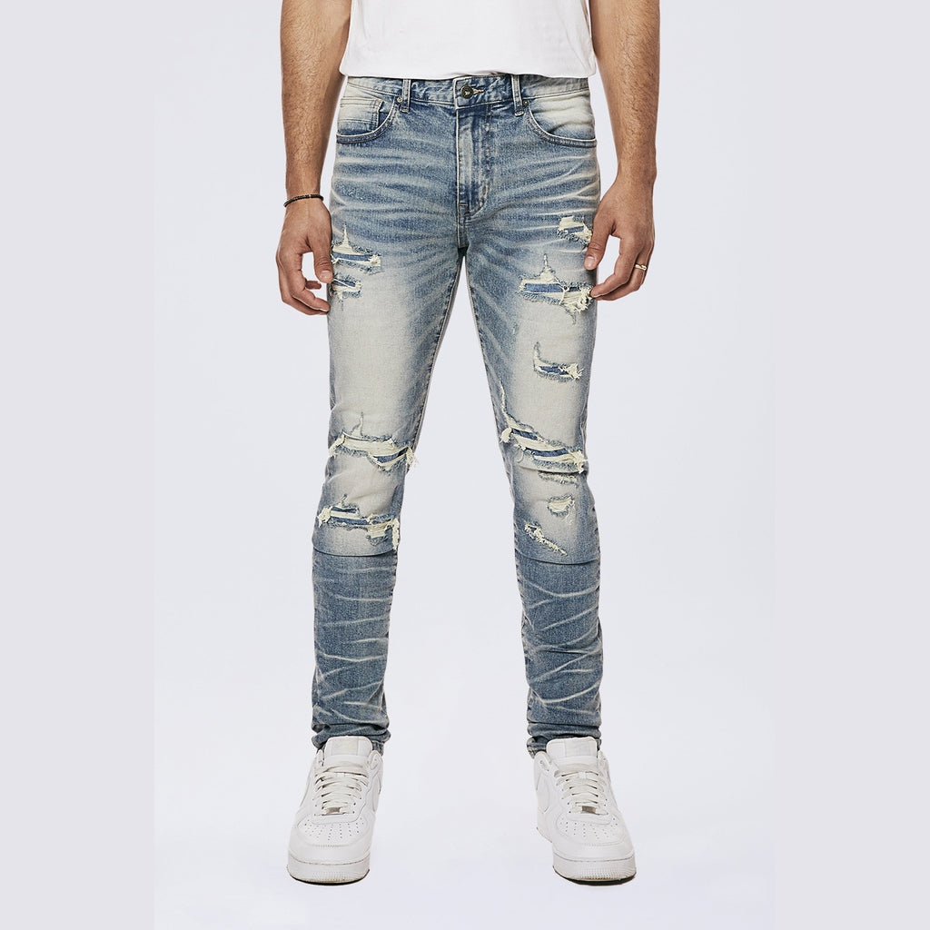 Smoke Rise Rip & Repaired Color Slim Tapered Denim Jeans - Malibu Blue