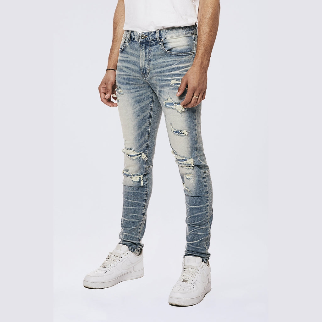 Smoke Rise Rip & Repaired Color Slim Tapered Denim Jeans - Malibu Blue