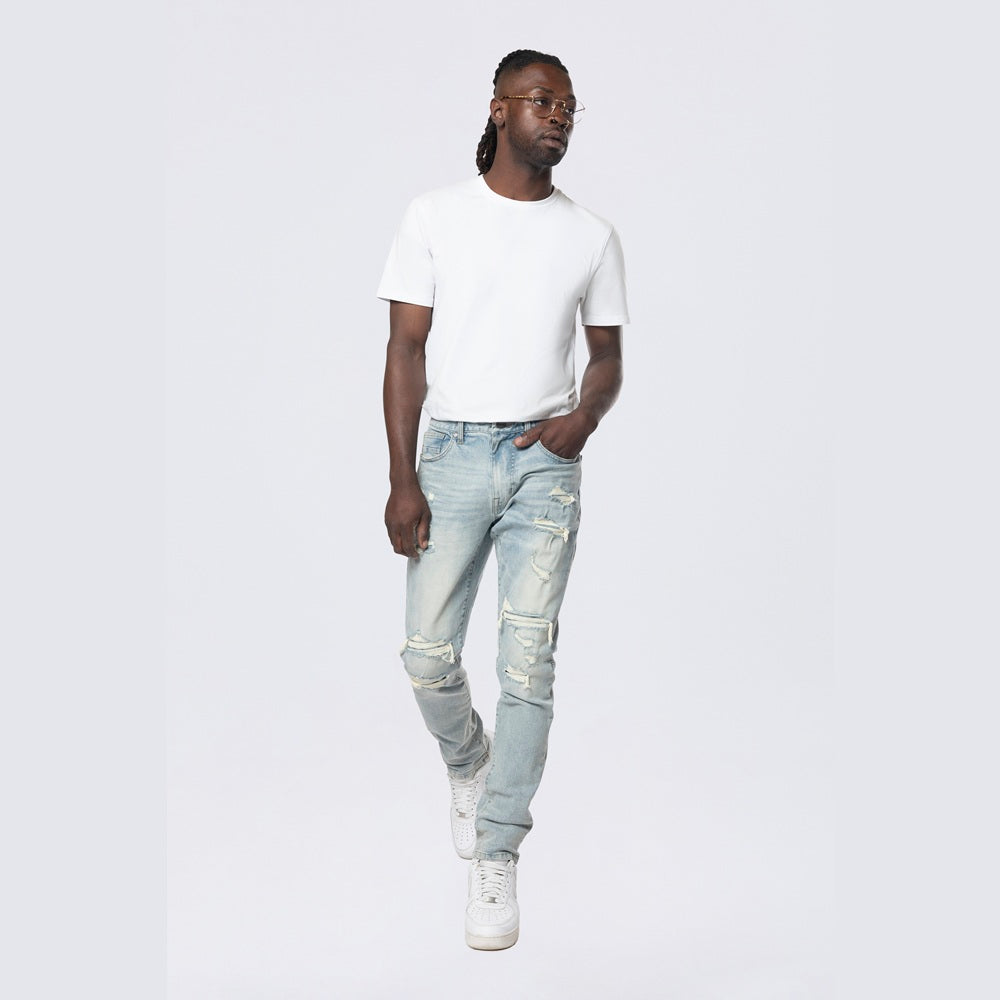 Slim Tapered Rip And Repair Colored Jeans - Natick Blue