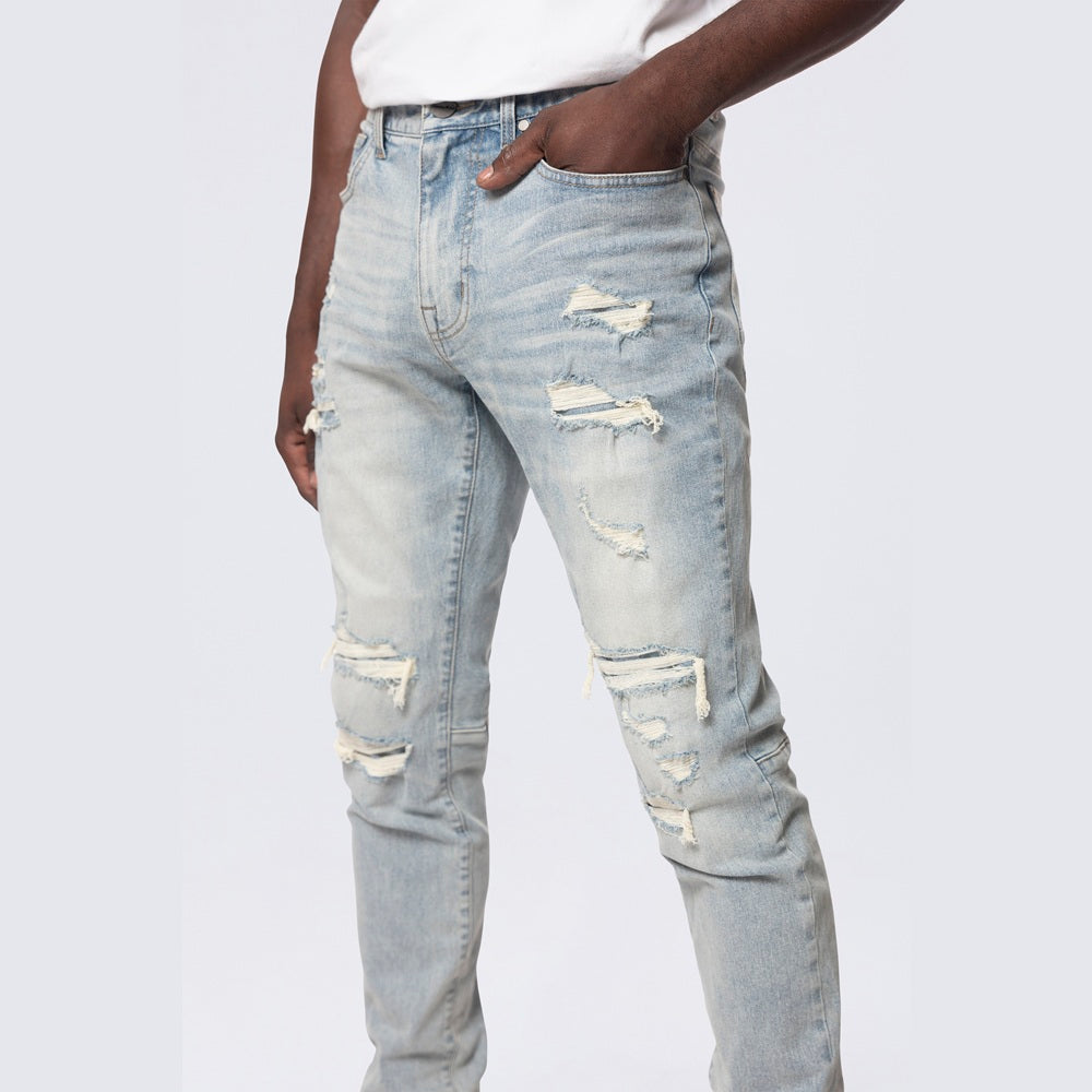 Slim Tapered Rip And Repair Colored Jeans - Natick Blue