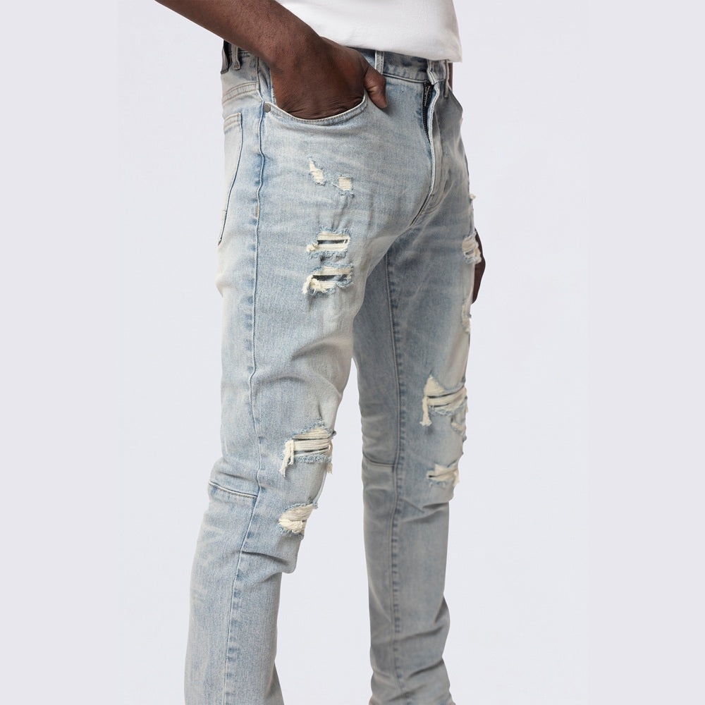 Slim Tapered Rip And Repair Colored Jeans - Natick Blue