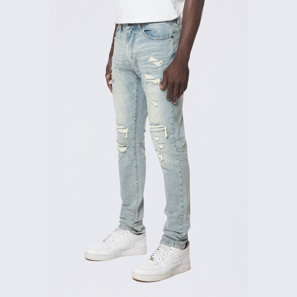 Slim Tapered Rip And Repair Colored Jeans - Natick Blue