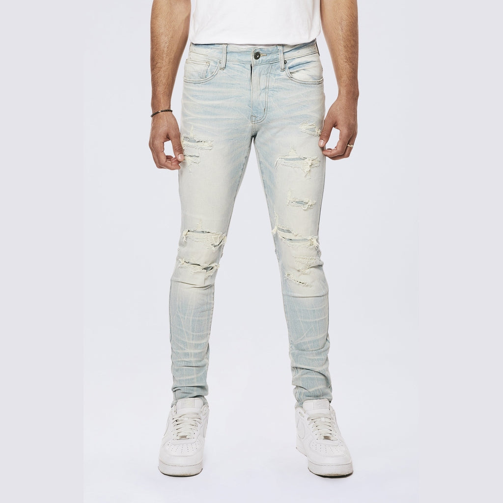 Smoke Rise Rip & Repaired Color Slim Tapered Denim Jeans - Speckle Blue