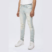 Smoke Rise Rip & Repaired Color Slim Tapered Denim Jeans - Speckle Blue