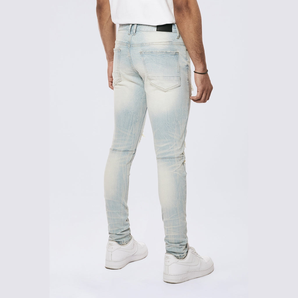 Smoke Rise Rip & Repaired Color Slim Tapered Denim Jeans - Speckle Blue