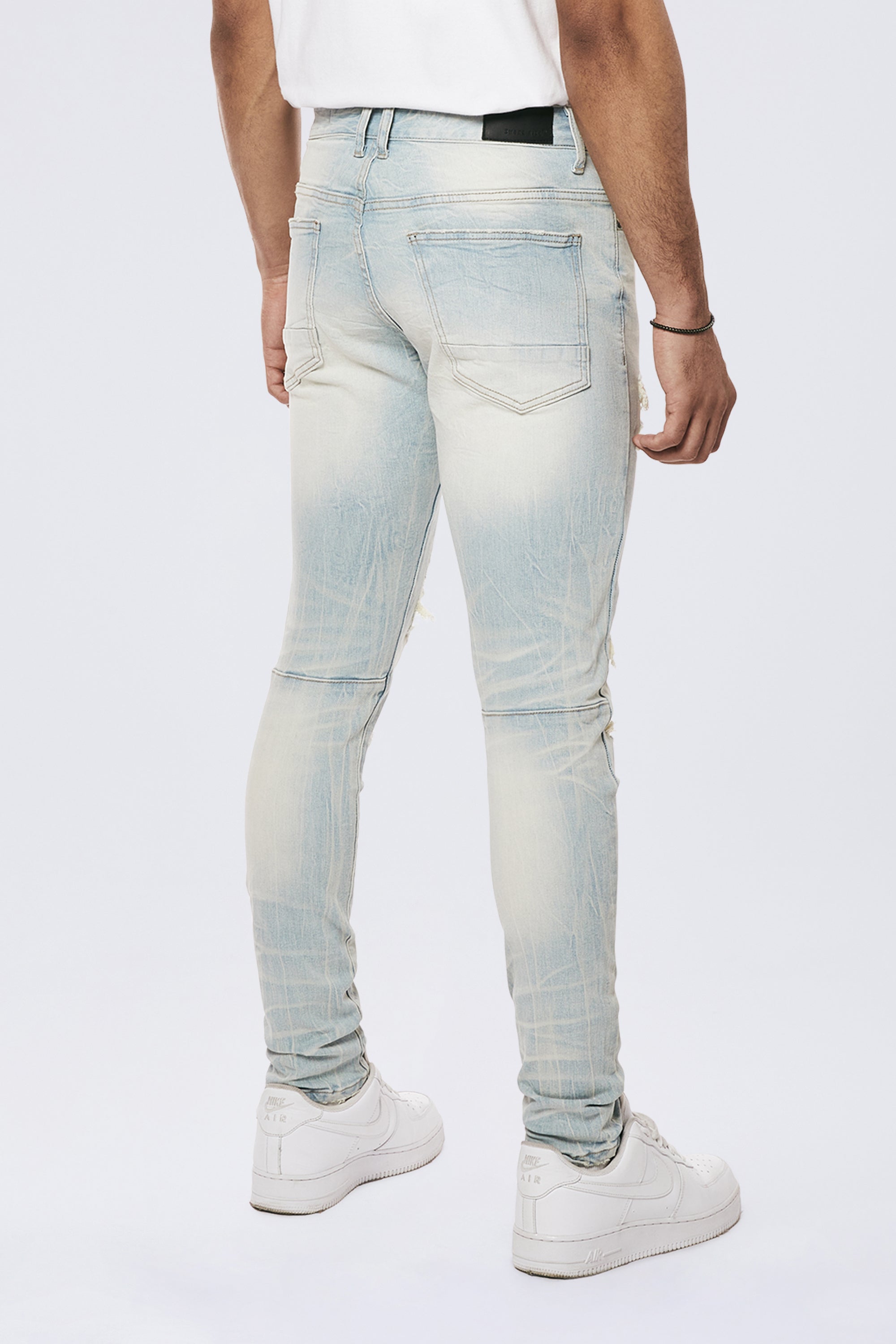Rip & Repaired Color Slim Tapered Denim Jeans - Speckle Blue