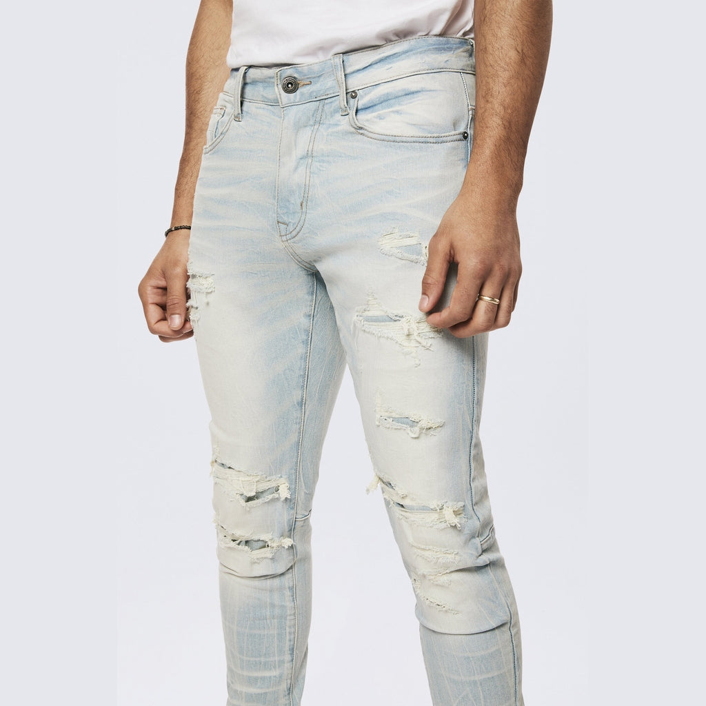 Smoke Rise Rip & Repaired Color Slim Tapered Denim Jeans - Speckle Blue