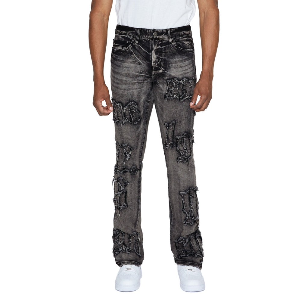 Smoke Rise Letter Applique Jeans - Black Lava