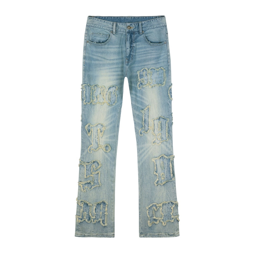 Smoke Rise Letter Applique Jeans - Geneva Blue