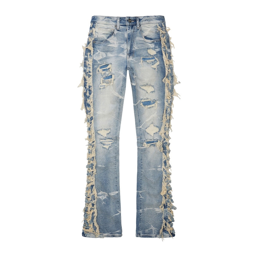 Smoke Rise Frayed Stacked Denim Jeans - Bergen Blue