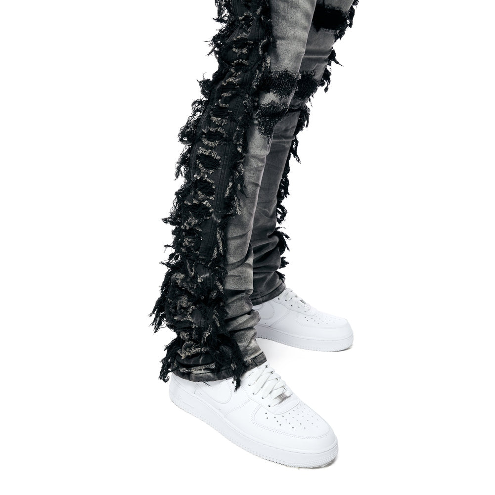 Smoke Rise Frayed Stacked Denim Jeans - Lightning Black