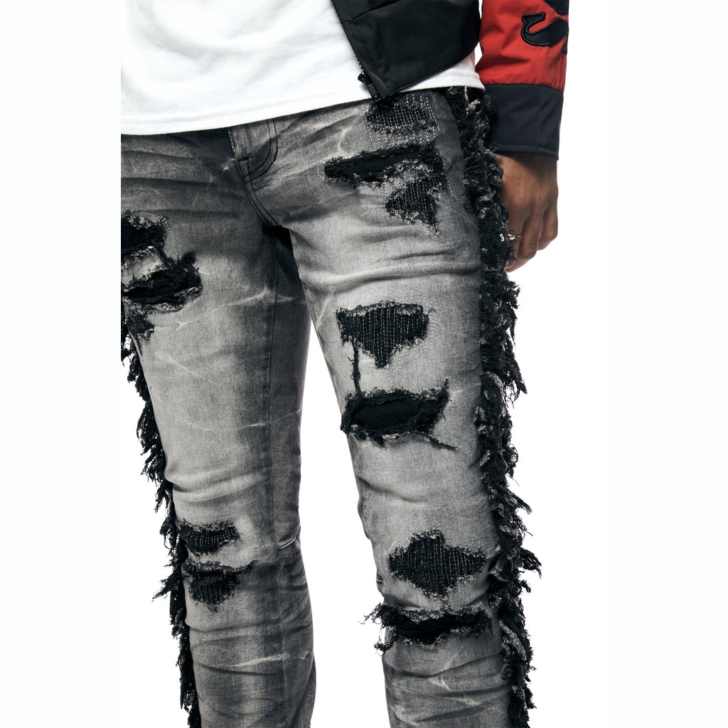 Smoke Rise Frayed Stacked Denim Jeans - Lightning Black