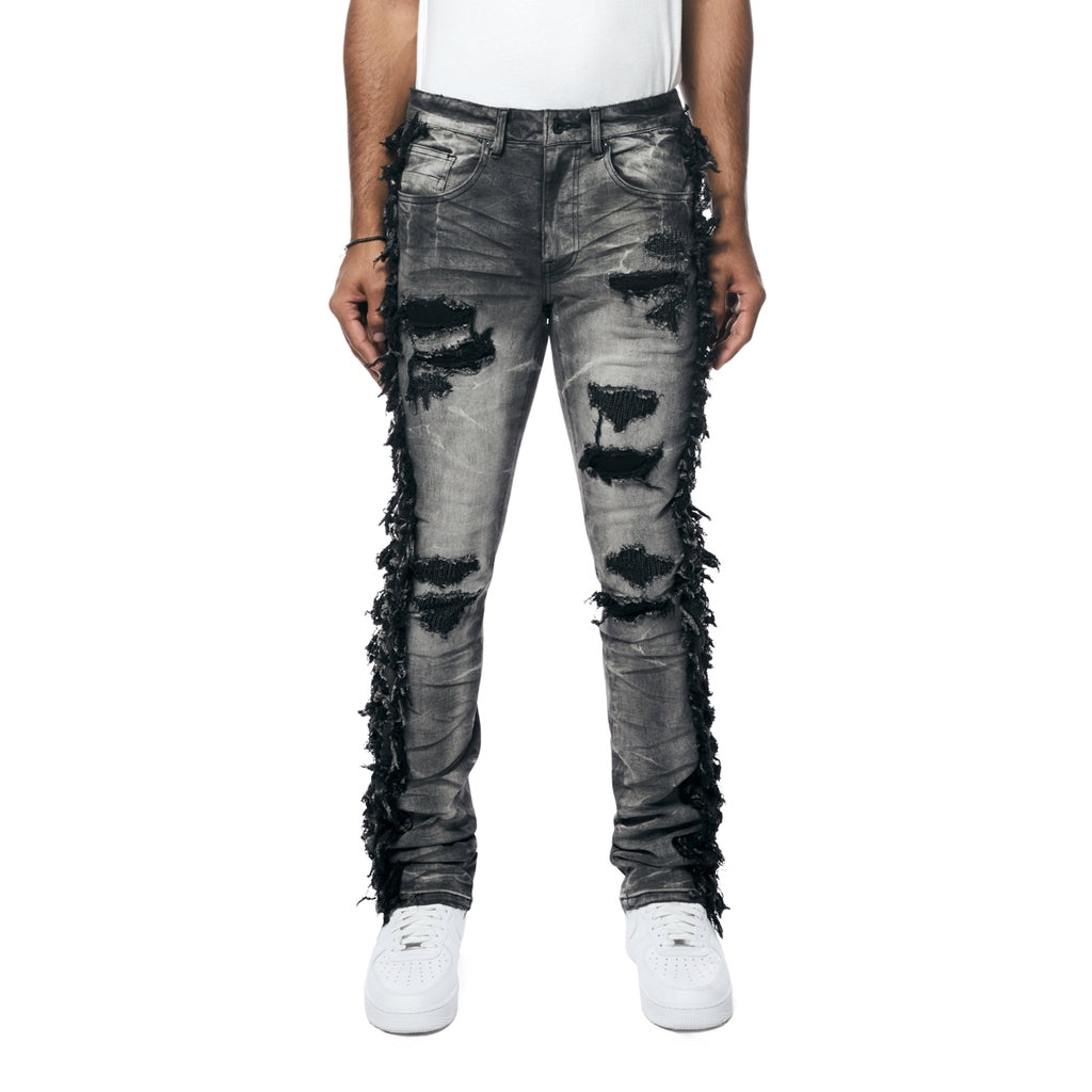Smoke Rise Frayed Stacked Denim Jeans - Lightning Black