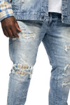 Big and Tall Embroidered Plaid Backed Denim Jeans - Lowell Blue