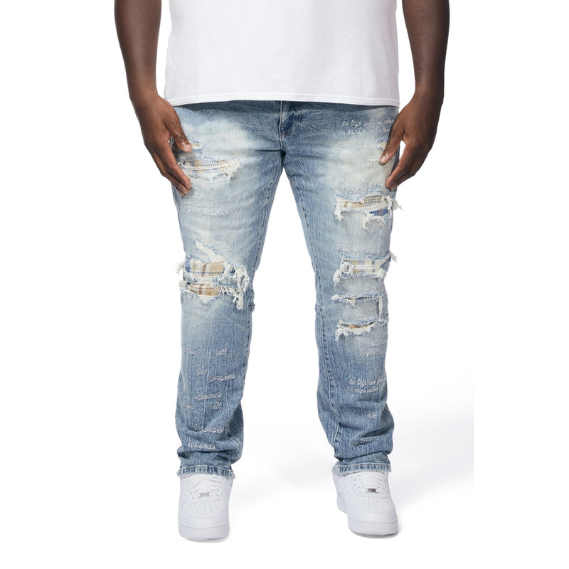 Big and Tall Embroidered Plaid Backed Denim Jeans - Lowell Blue