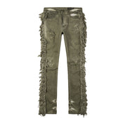Smoke Rise Frayed Stacked Pigment Dyed Pants - Vintage Army