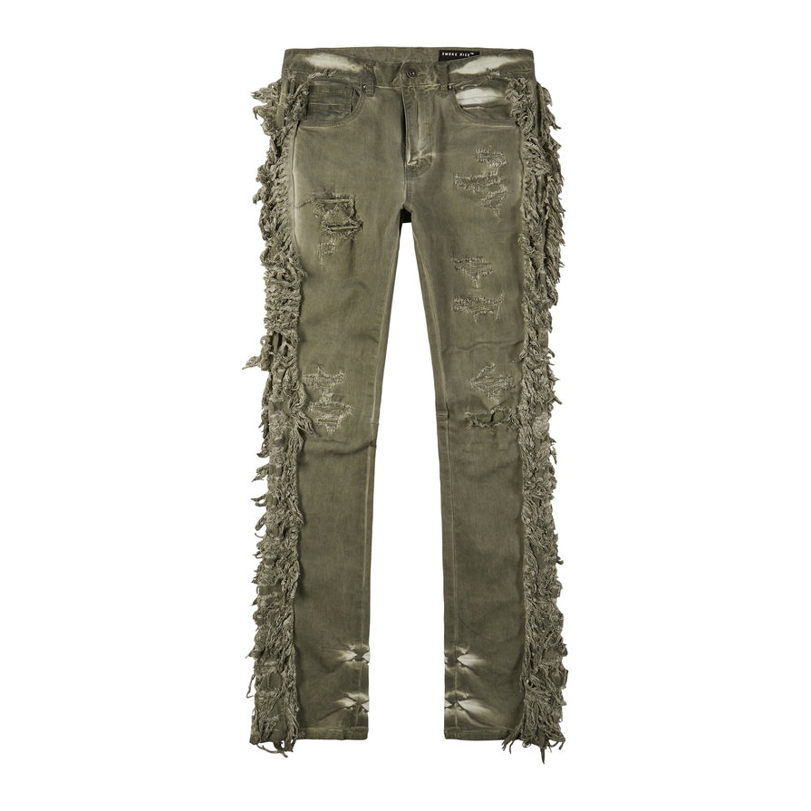 Smoke Rise Frayed Stacked Pigment Dyed Pants - Vintage Army