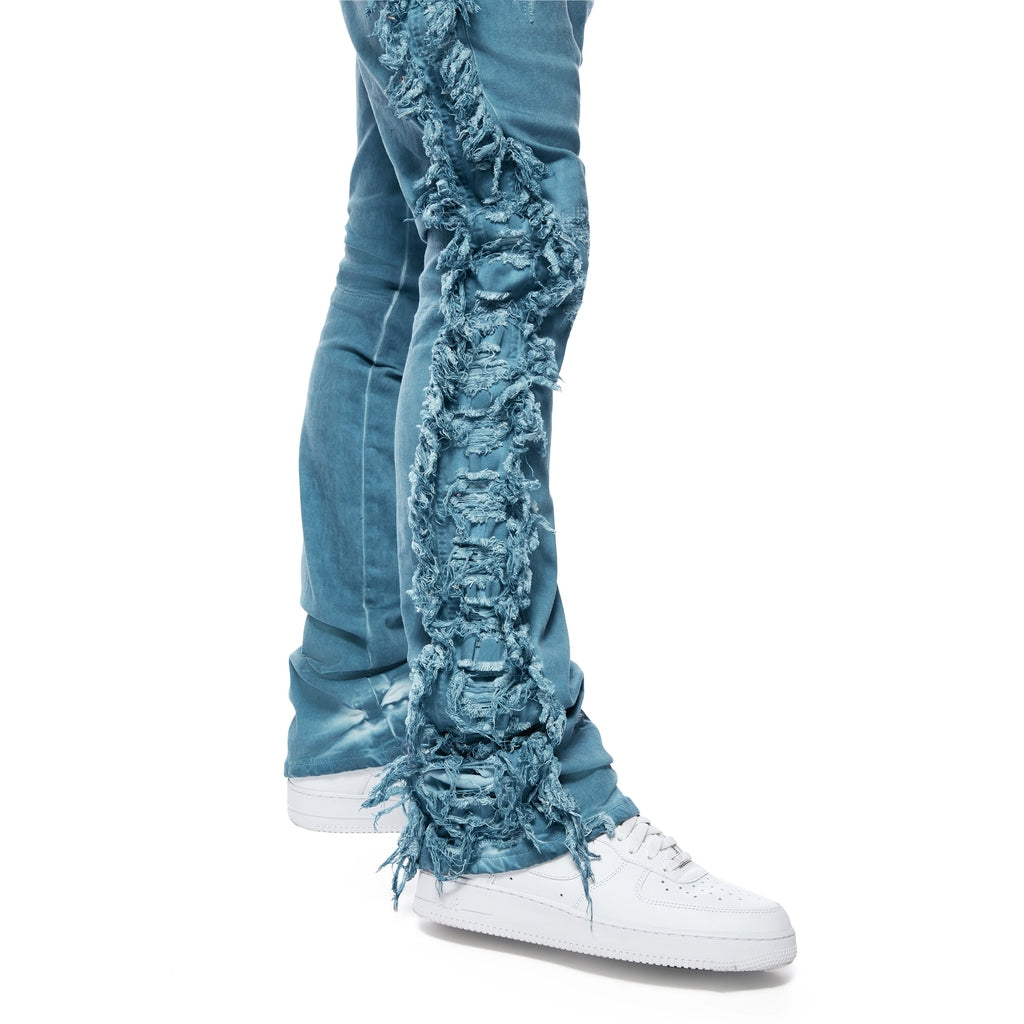 Smoke Rise Frayed Stacked Pigment Dyed Pants - Cool Blue