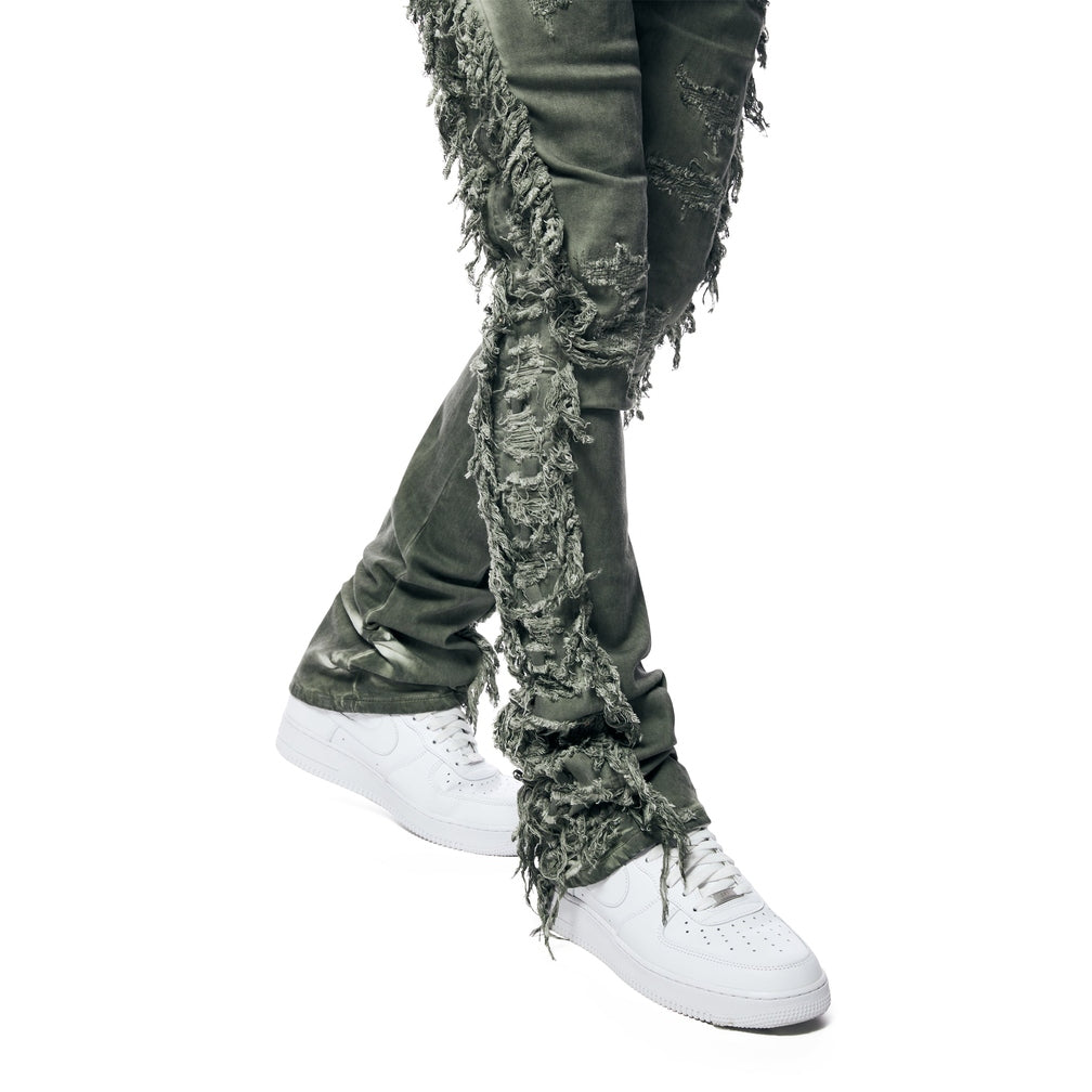 Smoke Rise Frayed Stacked Pigment Dyed Pants - Vintage Army
