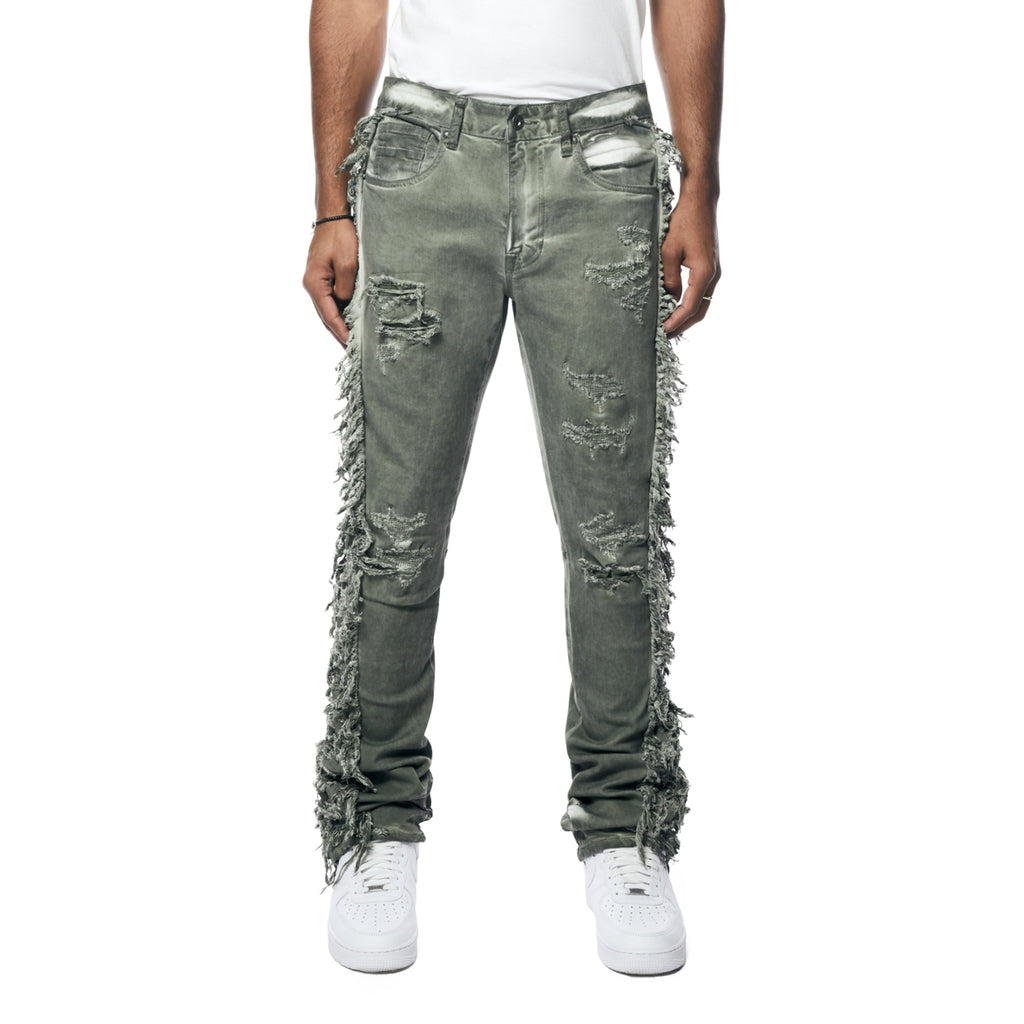 Smoke Rise Frayed Stacked Pigment Dyed Pants - Vintage Army