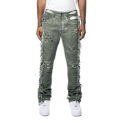 Smoke Rise Frayed Stacked Pigment Dyed Pants - Vintage Army