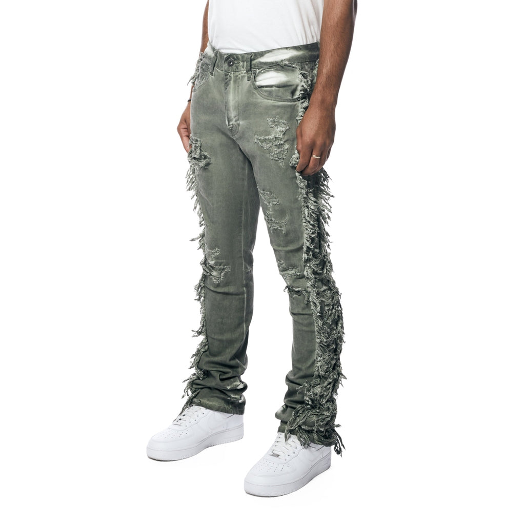 Smoke Rise Frayed Stacked Pigment Dyed Pants - Vintage Army