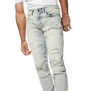 Smoke Rise Wave Effect Slim Denim Jeans - Leo Blue