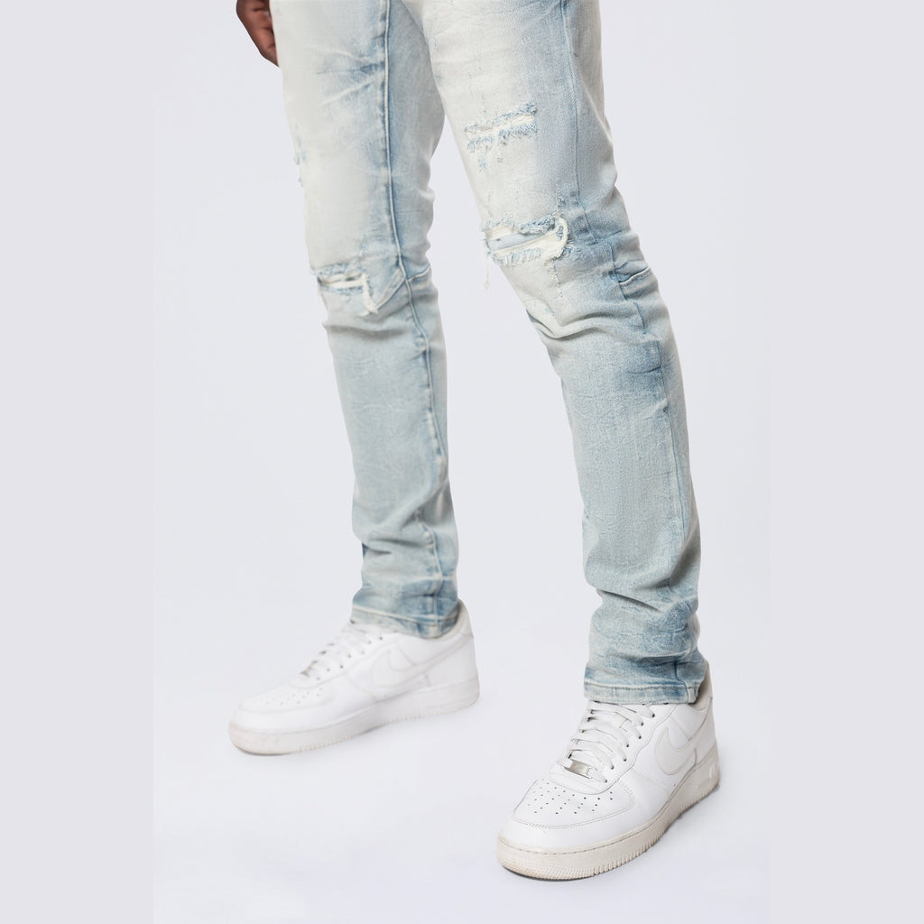 Smoke Rise Slim Wave Effect Jeans - Pier Blue