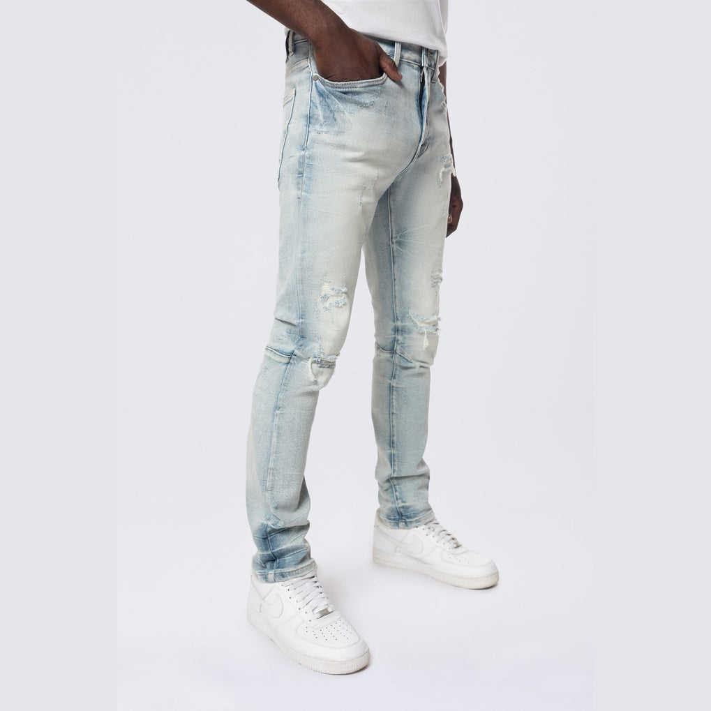 Smoke Rise Slim Wave Effect Jeans - Pier Blue