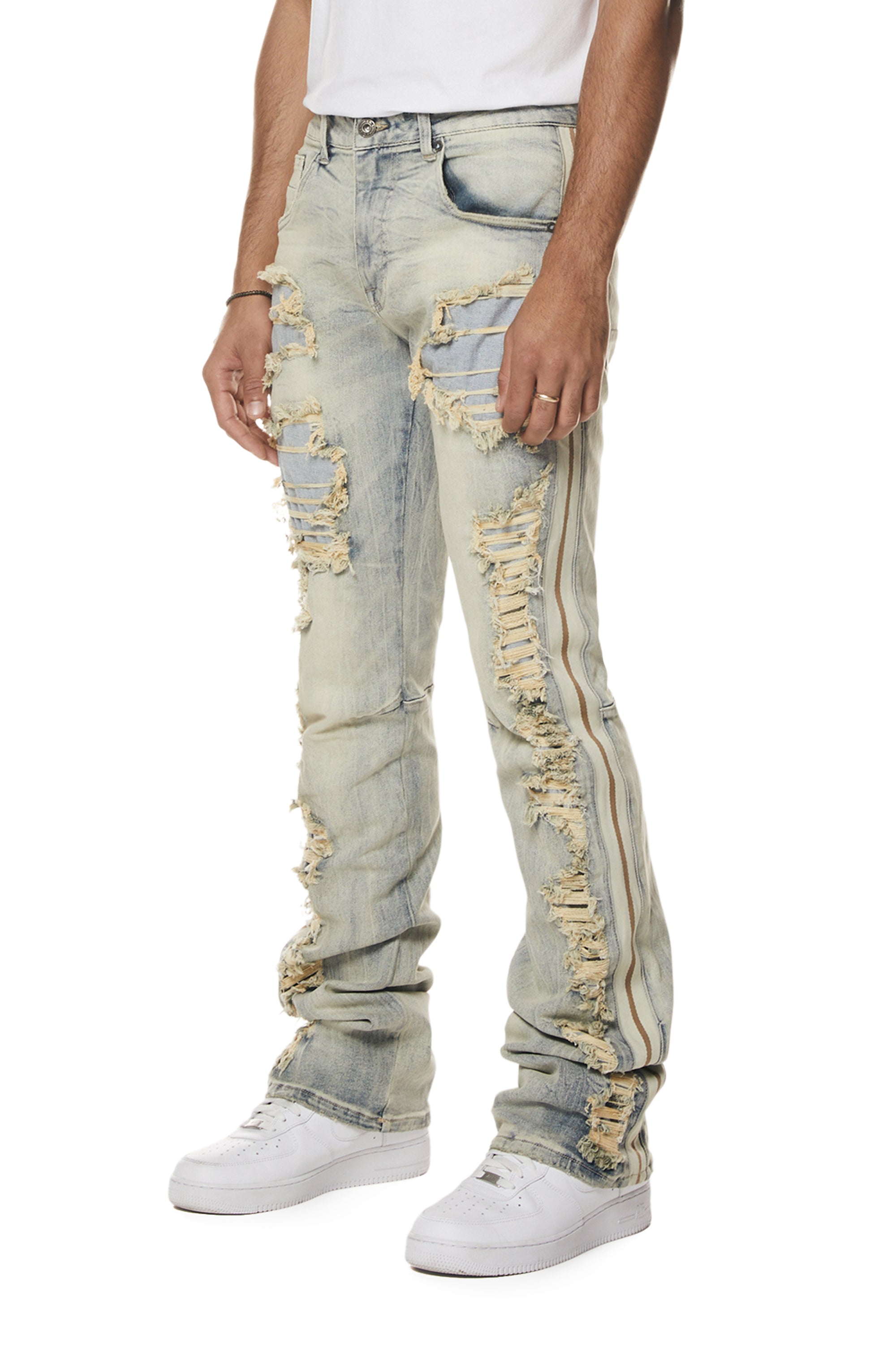 Stacked Laser Striped Jeans - Maison Blue