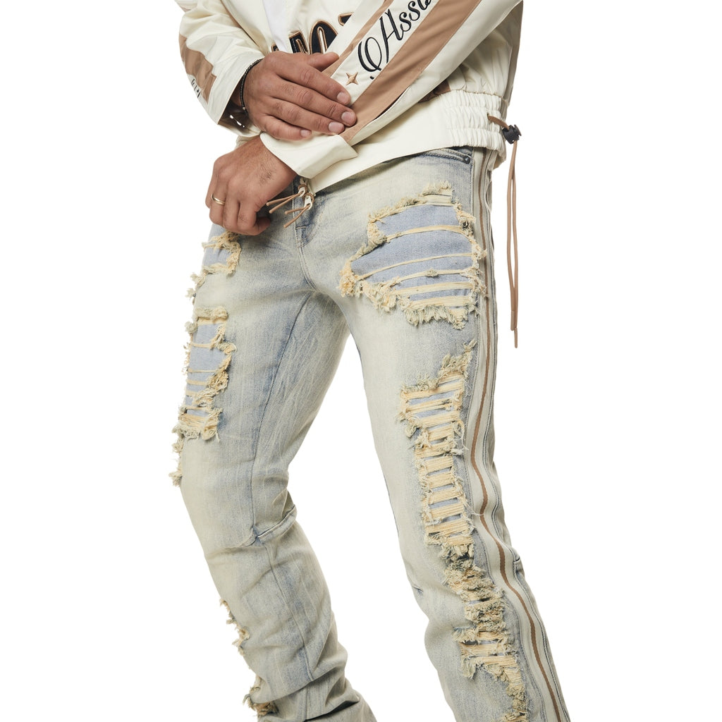 Smoke Rise Laser Striped Stacked Denim Jeans - Maison Blue