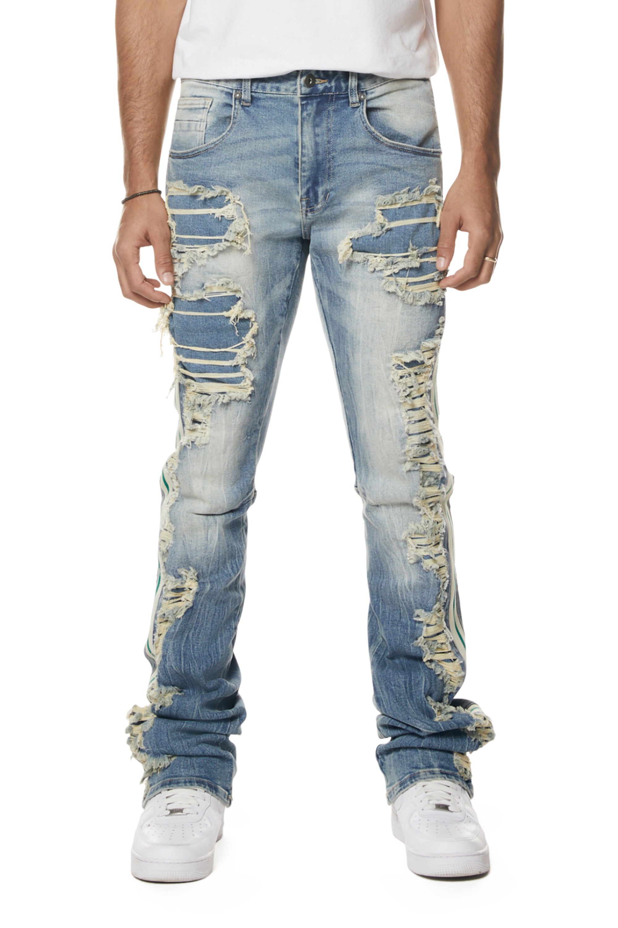 Laser Striped Stacked Denim Jeans - Osaka Blue