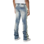 Smoke Rise Laser Striped Stacked Denim Jeans - Osaka Blue