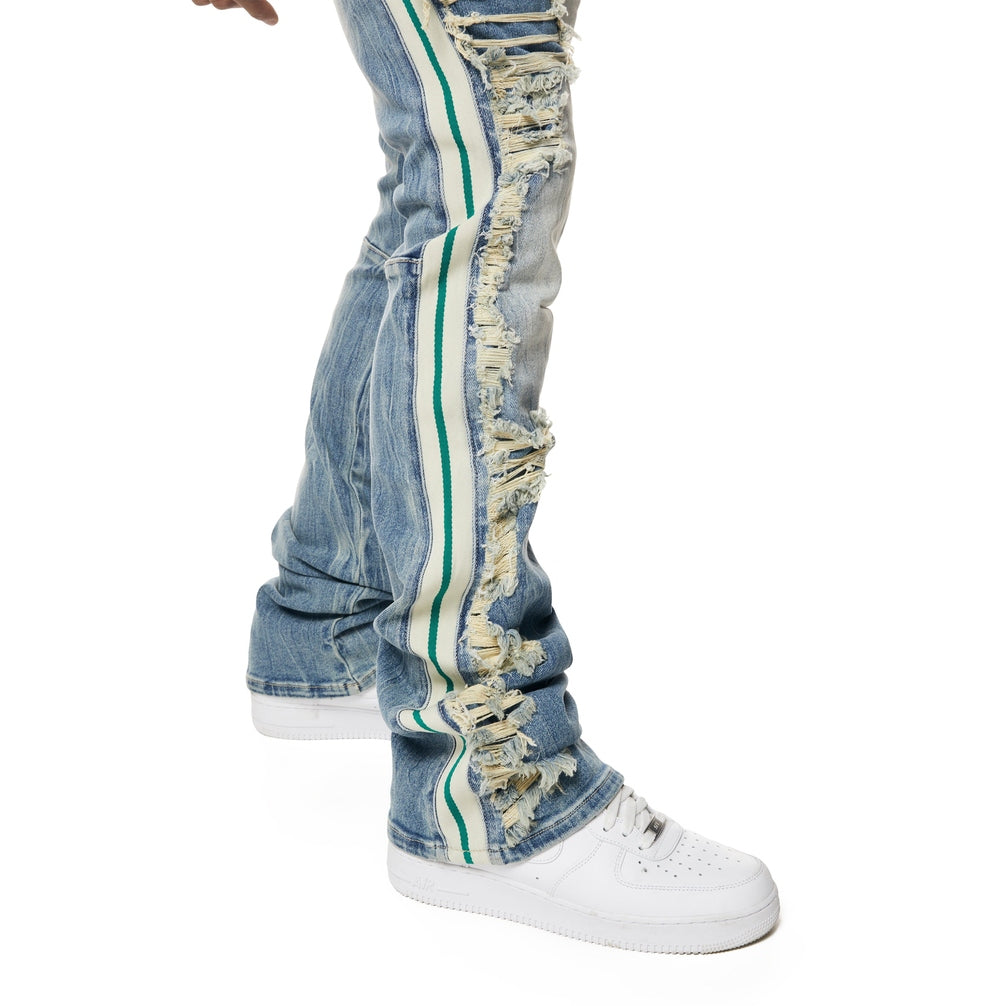 Smoke Rise Laser Striped Stacked Denim Jeans - Osaka Blue