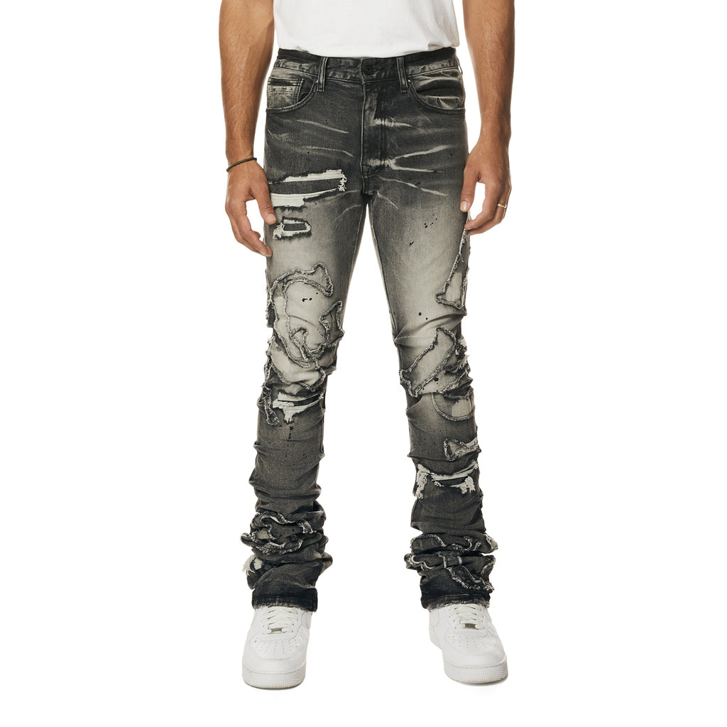 Smoke Rise Cut &amp; Sewn Rip Off Letter Applique Stacked Jeans - Black Lava