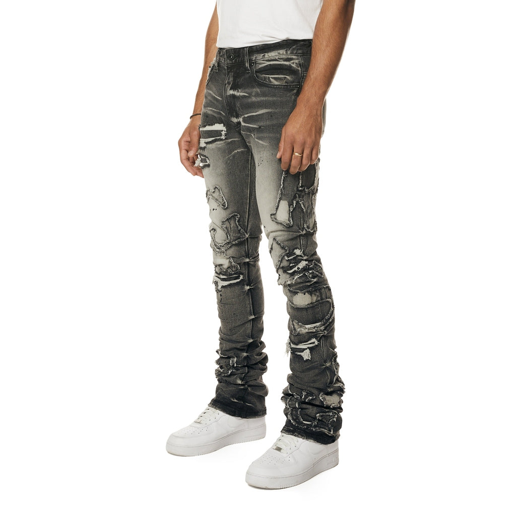 Smoke Rise Cut & Sewn Rip Off Letter Applique Stacked Jeans - Black Lava