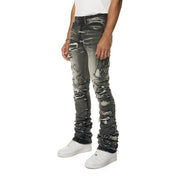 Smoke Rise Cut & Sewn Rip Off Letter Applique Stacked Jeans - Black Lava