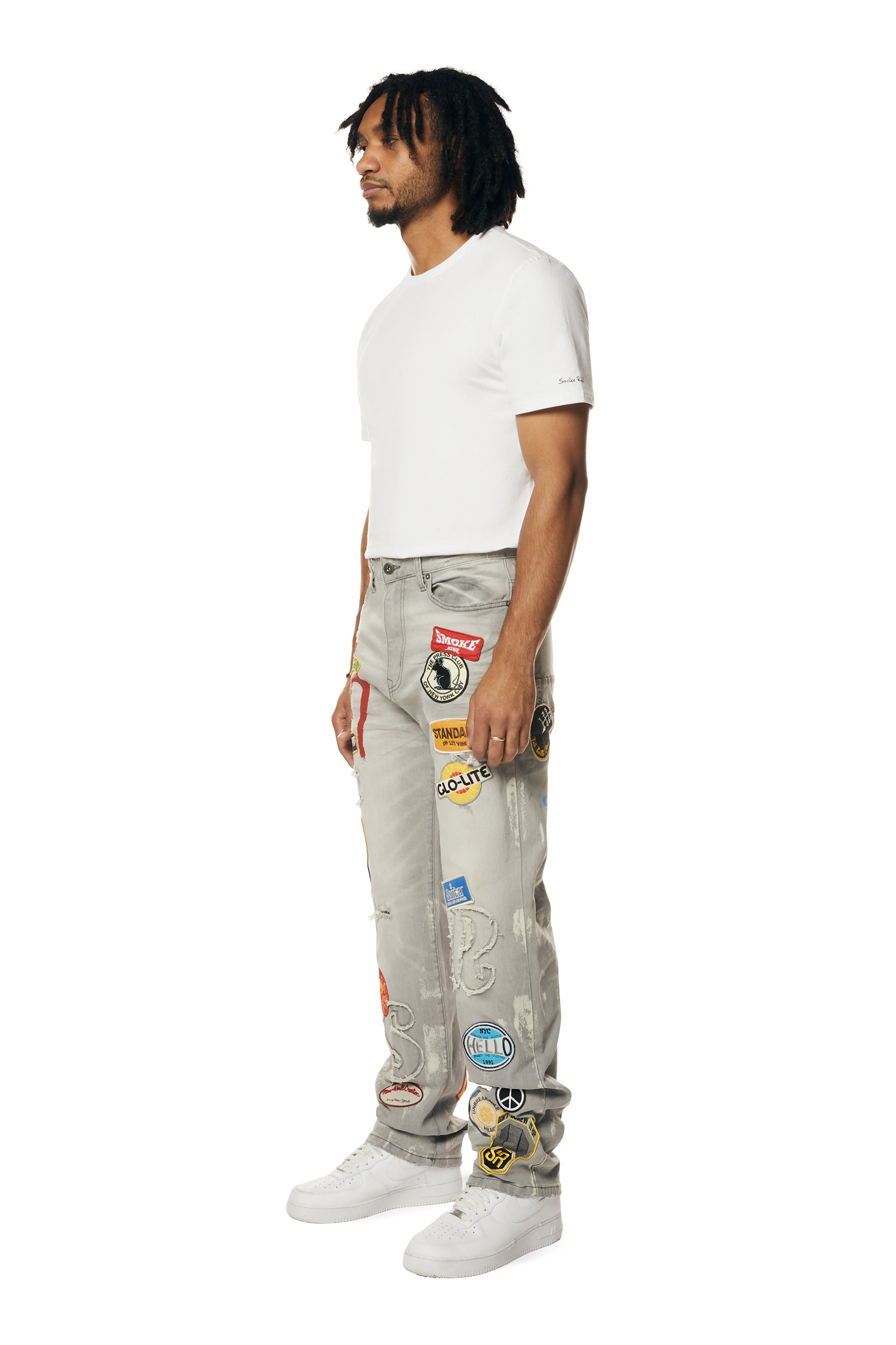 Smoke Rise Multi Embroidered Patched Retro Denim Jeans - Cold Grey