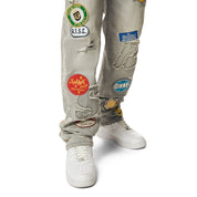 Smoke Rise Multi Embroidered Patched Retro Denim Jeans - Cold Grey