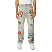 Smoke Rise Multi Embroidered Patched Retro Denim Jeans - Cold Grey