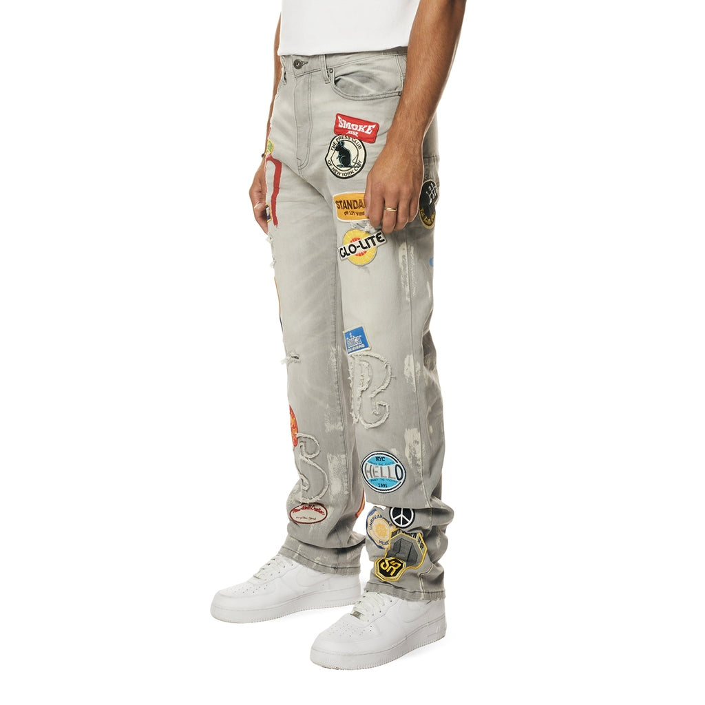 Smoke Rise Multi Embroidered Patched Retro Denim Jeans - Cold Grey