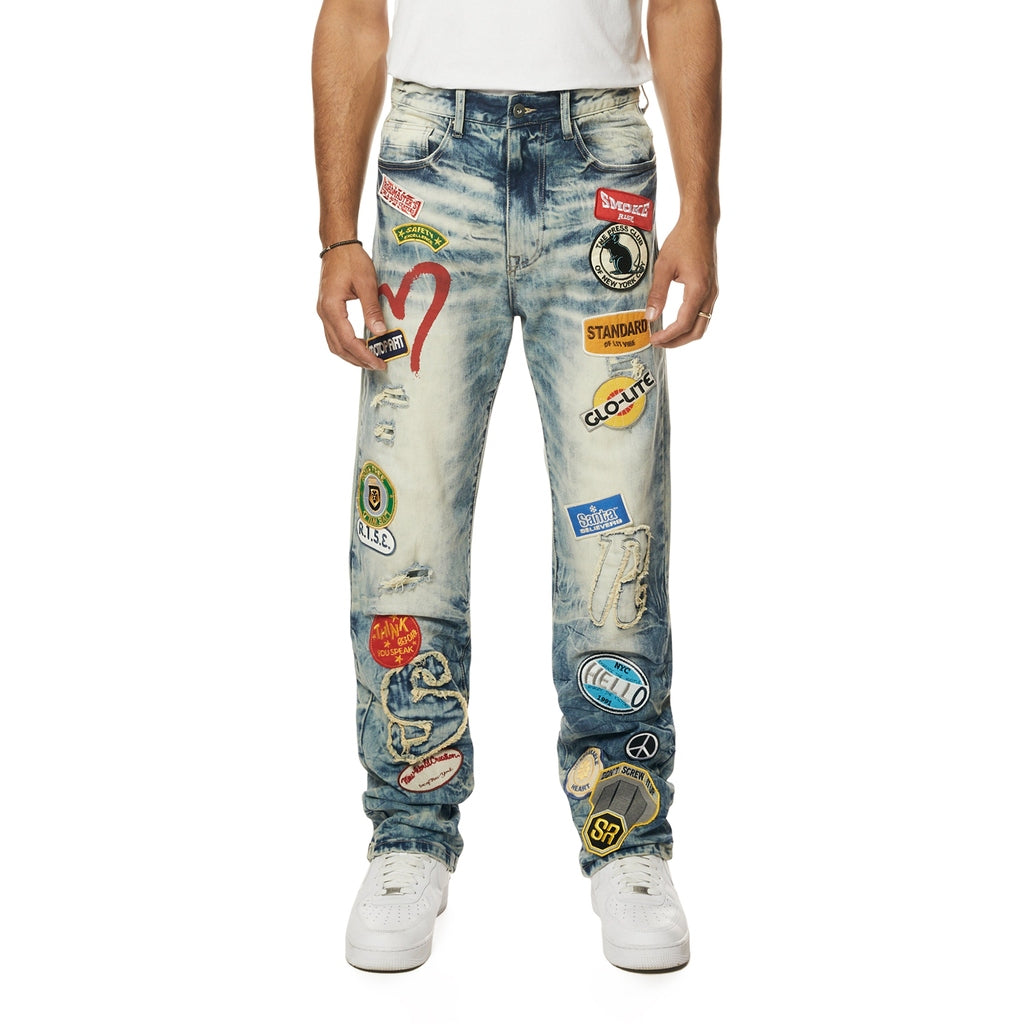 Smoke Rise Multi Embroidered Patched Retro Denim Jeans - Metro Blue