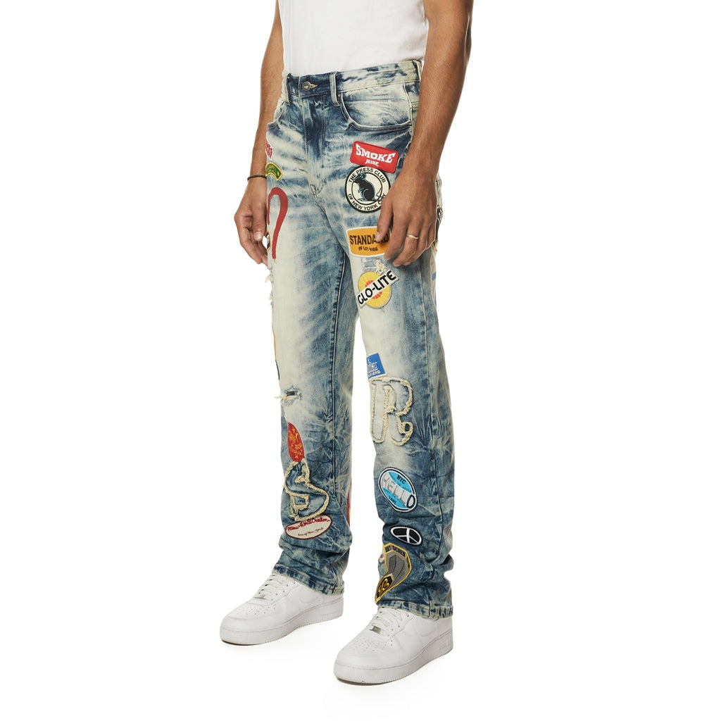 Smoke Rise Multi Embroidered Patched Retro Denim Jeans - Metro Blue