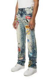 Multi Embroidered Patched Retro Denim Jeans - Metro Blue